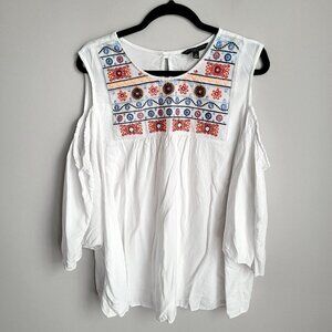 Signature Studio White Peasant Embroidery Cold Shoulder Keyhole Back Button Top